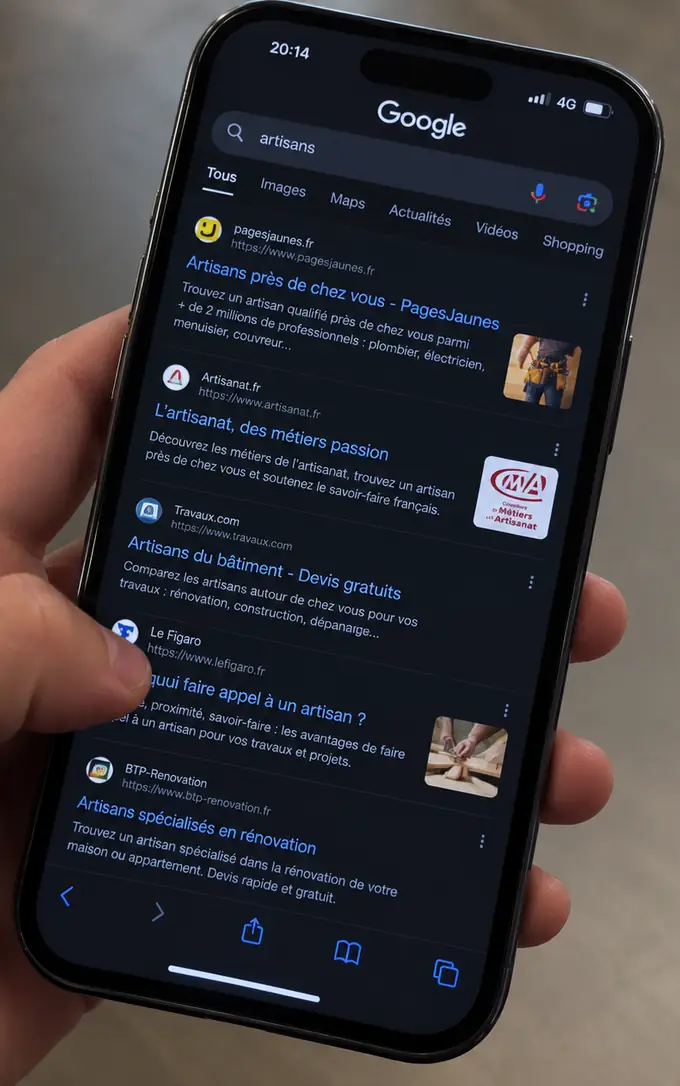 Un téléphone qui affiche les résultats Google pour la recherche « artisans »